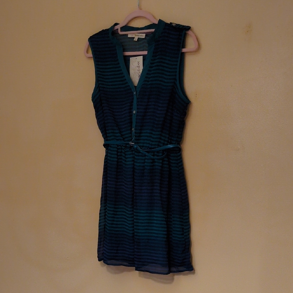 Rewind Teal and Navy Sleeveless Striped Belted Mini Dress